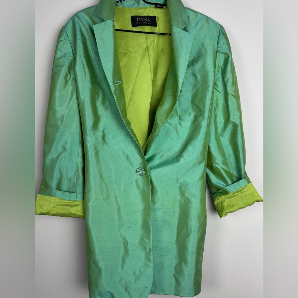 Dana Buchman XL Iridescent 100% Silk Longline Blazer Lime Green